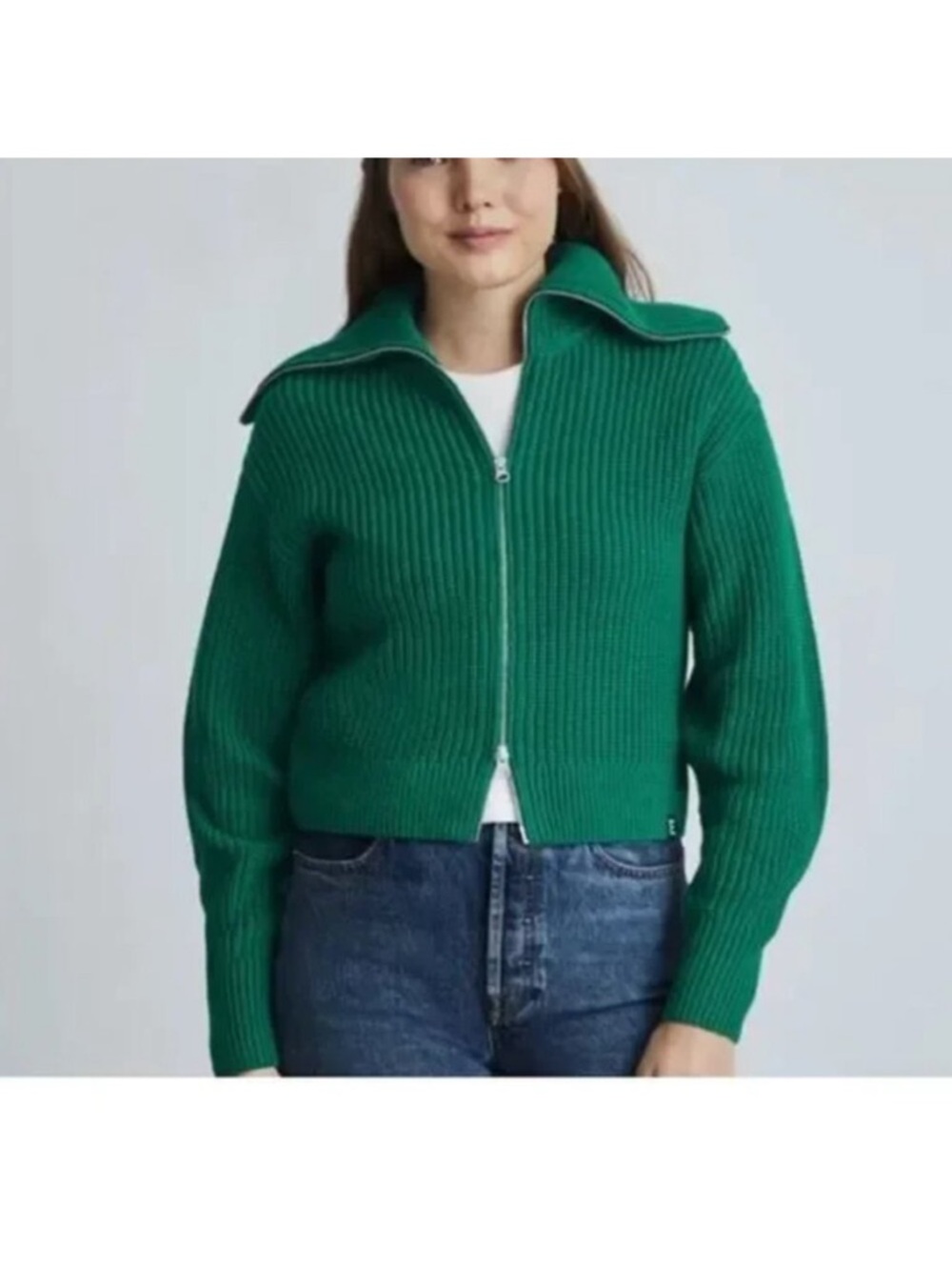 Everlane Emerald Green Ribbed Zip-Up Cardigan
